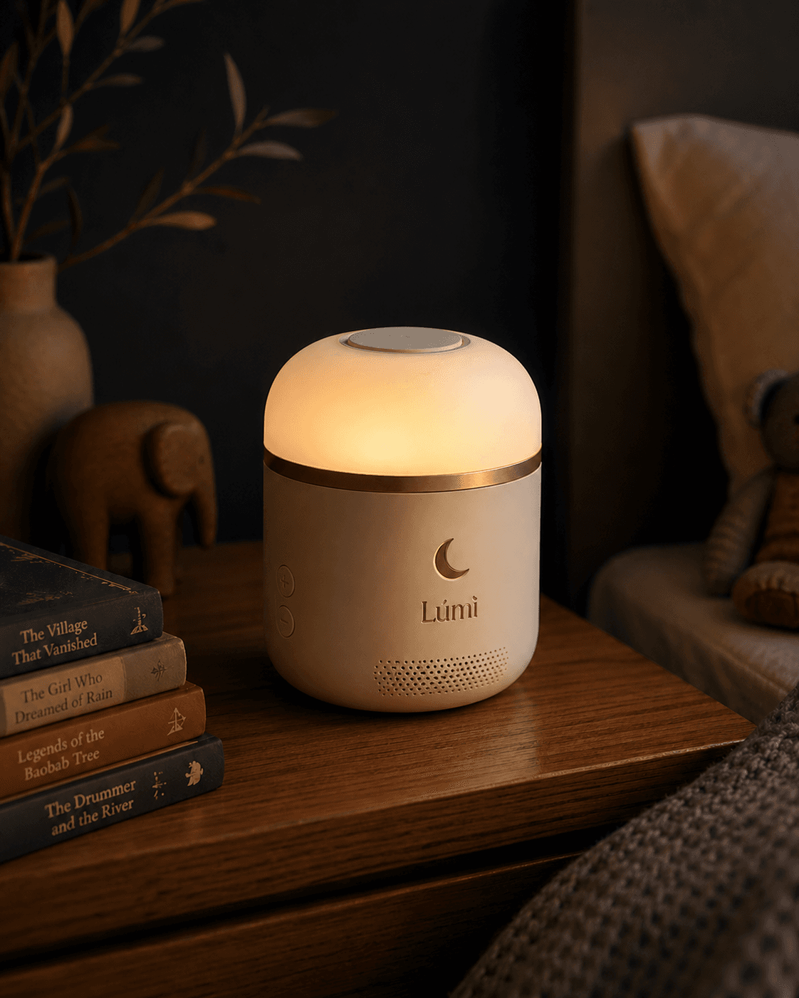Lùmì Home glowing softly on a child's bedside table beside a stack of folktale books.